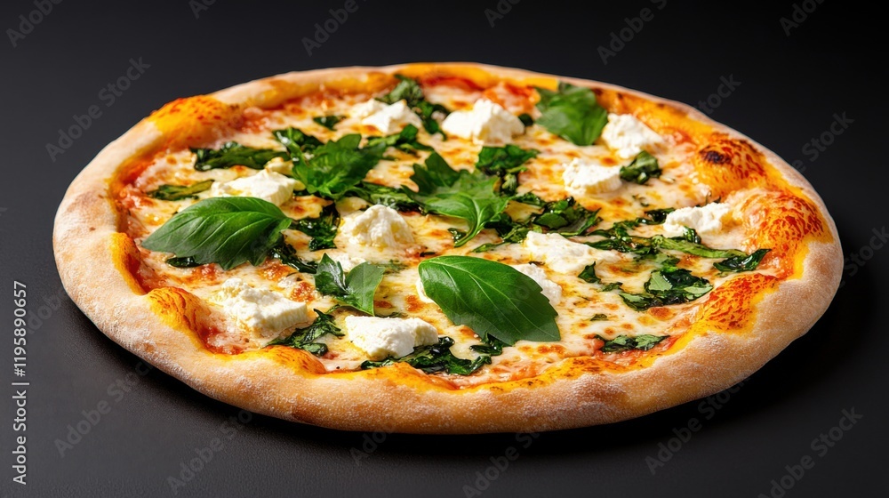 A delicious traditional Italian pizza topped with fresh basil, mozzarella, and spinach. It's isolated on a white background, showcasing vibrant colors. A delicious traditional Italian pizza topped with fresh basil, mozzarella, and spinach. It's isolated on a white background, showcasing vibrant colors.