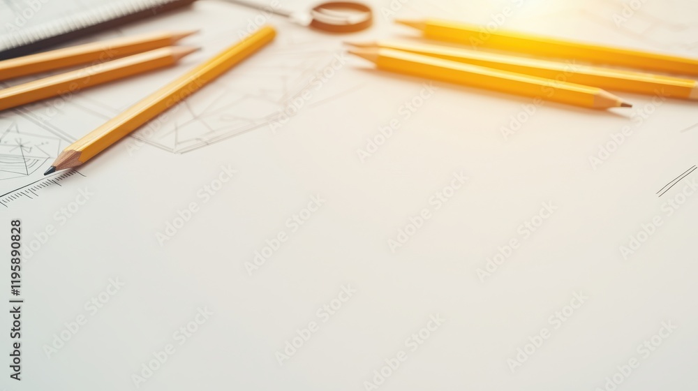 A workspace with yellow pencils and a compass on a blank sheet of paper, ideal for design or drawing projects. A workspace with yellow pencils and a compass on a blank sheet of paper, ideal for design or drawing projects.