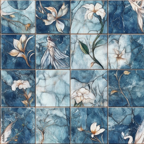 Decorative tiles showcase a stunning blend of art deco style and fairy themes, highlighting intricate floral patterns against a calming blue background. Perfect for any artistic space photo