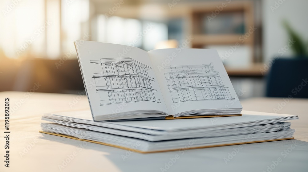 Obraz premium A notebook with sketches lies open on a stack of papers, illuminated by sunlight in a bright, modern workspace.