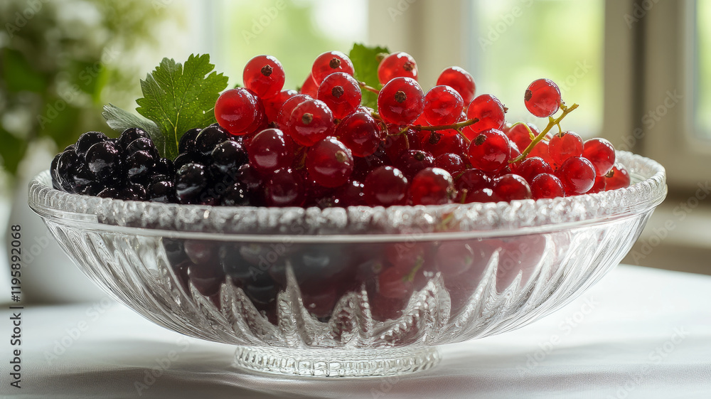 Glass bowl with redcurrants and blackcurrants Glass bowl with redcurrants and blackcurrants