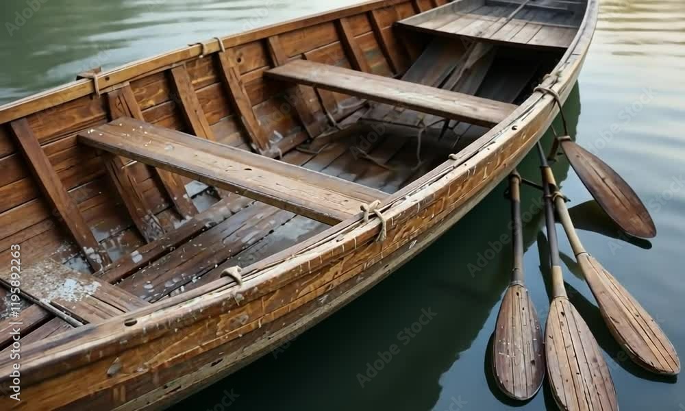 A wooden rowboat with oars arranged beside it. A wooden rowboat with oars arranged beside it.