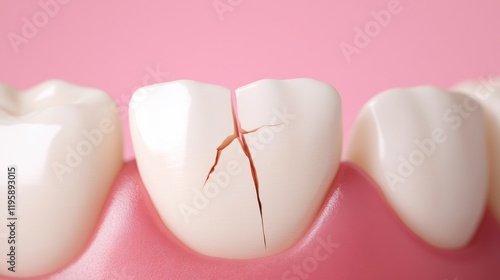 A close-up of a cracked tooth against a pink background. Shows detailed cracks and dental hygiene issues.