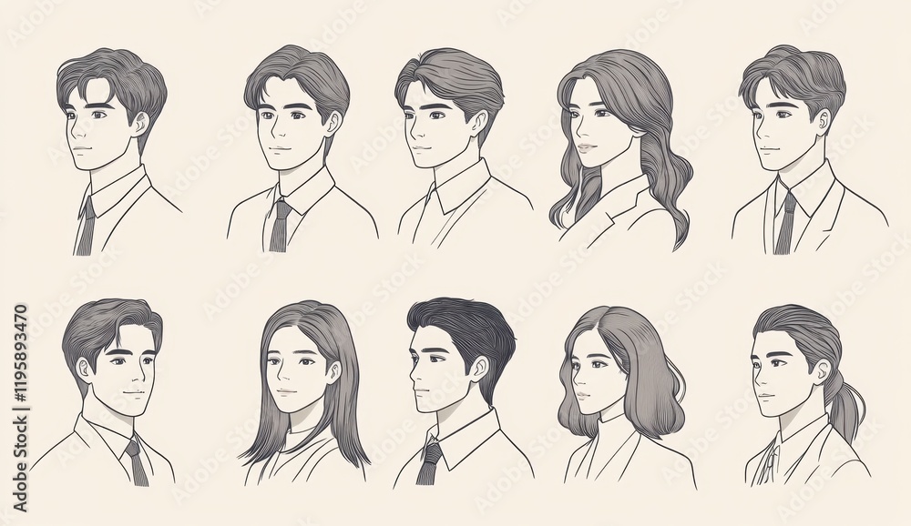 A set of simple line art character illustrations featuring men and women in business attire, each wearing different hairstyles Generative AI A set of simple line art character illustrations featuring men and women in business attire, each wearing different hairstyles Generative AI