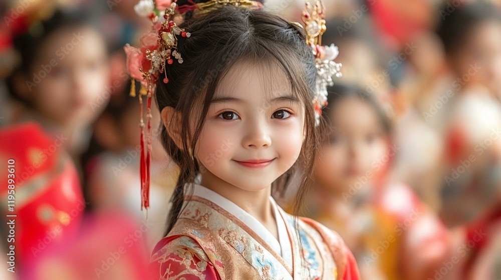 A close-up of a group of children in traditional Chinese clothing waving small Chinese flags during National Day festivities. 210 A close-up of a group of children in traditional Chinese clothing waving small Chinese flags during National Day festivities. 210