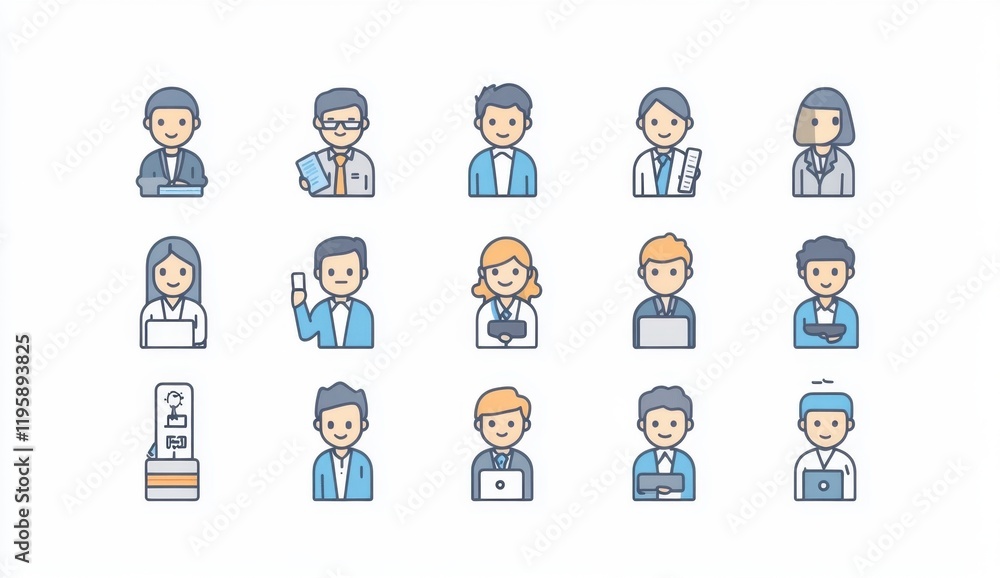 Simple line icon set of business people, in a simple minimalistic style, with a grey and blue color palette, on a white background Generative AI Simple line icon set of business people, in a simple minimalistic style, with a grey and blue color palette, on a white background Generative AI