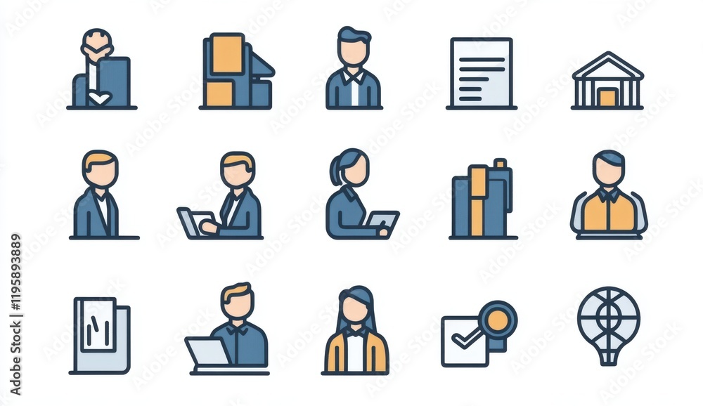 Simple line icon set of business people, in a simple minimalistic style, with a grey and blue color palette, on a white background Generative AI Simple line icon set of business people, in a simple minimalistic style, with a grey and blue color palette, on a white background Generative AI