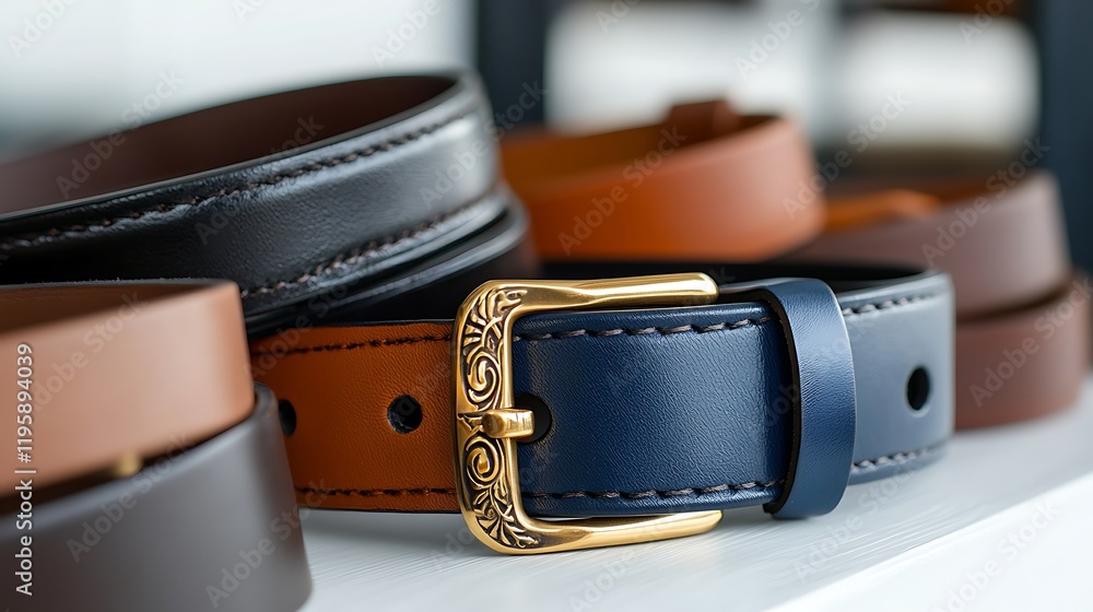 Close-up of assorted leather belts with gold buckles Close-up of assorted leather belts with gold buckles