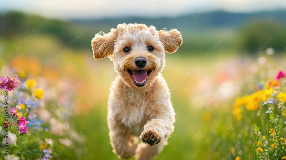 Playful maltese dog running through wildflowers with soft bokeh Playful maltese dog running through wildflowers with soft bokeh
