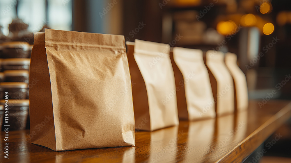 Brown paper bags lined up on a wooden counter Brown paper bags lined up on a wooden counter