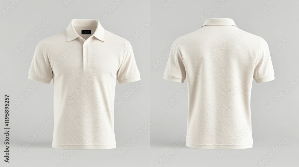 Naklejka premium A mockup of blank, white polo T-shirts displayed from the front and back, set against a neutral background.