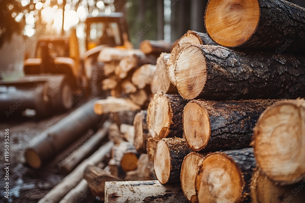 Stacked logs in forest with tractor working in background Stacked logs in forest with tractor working in background