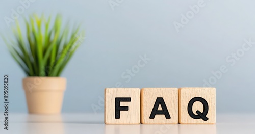 A wooden block with the letters F, A, Q, and a potted plant in the background photo