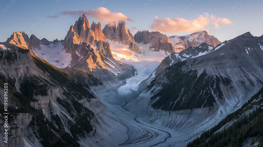 Obraz premium Rugged Mountain Range at Dawn with Jagged Snow-Covered Peaks, Green Conifers, and a Winding River, Bathed in Soft Orange and Pink Light