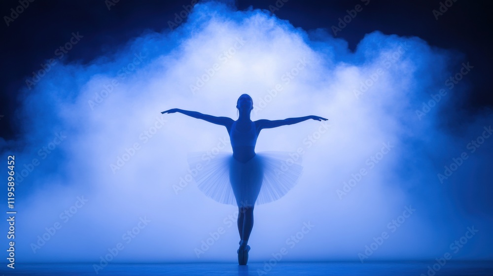 A silhouette of a ballerina gracefully posing on stage, surrounded by dramatic smoke and illuminated by moody blue lighting. A silhouette of a ballerina gracefully posing on stage, surrounded by dramatic smoke and illuminated by moody blue lighting.