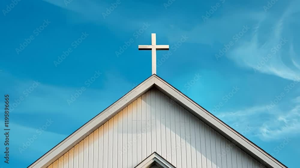 A white cross atop a church roof against a blue sky, symbolizing Christianity and Easter A white cross atop a church roof against a blue sky, symbolizing Christianity and Easter