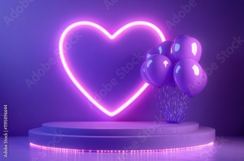 Heart-Shaped Neon Light with Purple Balloons on Podium Backdrop photo