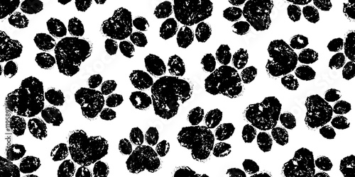 Paw print crayon seamless pattern, cat or dog foot charcoal design, animal doodle sketch background. Pet step grunge texture. Bear, panda, tiger stamp foot track wallpaper. Cartoon vector illustration