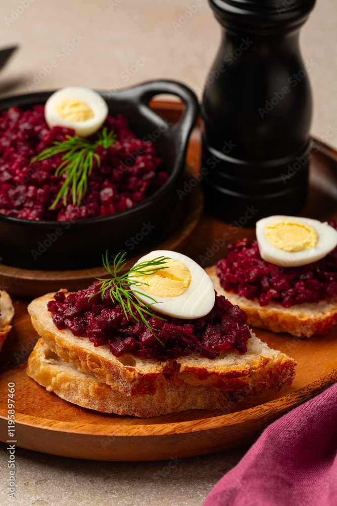 custom made wallpaper toronto digitalBeet or beetroot Caviar sandwich with boiled quail egg, bread and roasted vegetable toast. Healthy snack. Verttical image.