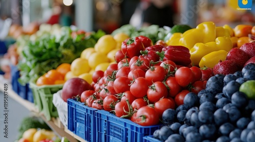 Vibrant Fresh Produce Displayed in Market with Colorful Fruits and Vegetables in Baskets