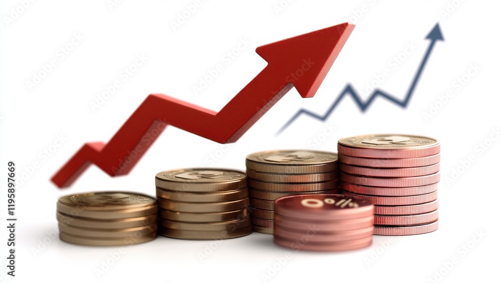 Stacks of coins with an upward red arrow indicating financial growth Stacks of coins with an upward red arrow indicating financial growth