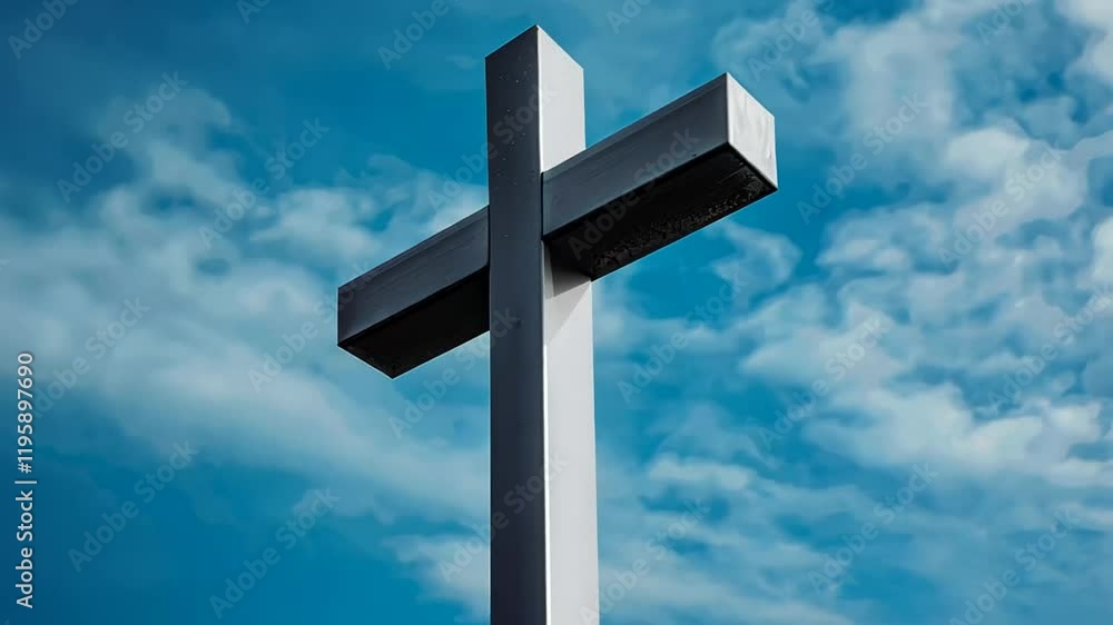 A silver cross stands tall against a blue sky, symbolizing Christianity and Easter A silver cross stands tall against a blue sky, symbolizing Christianity and Easter