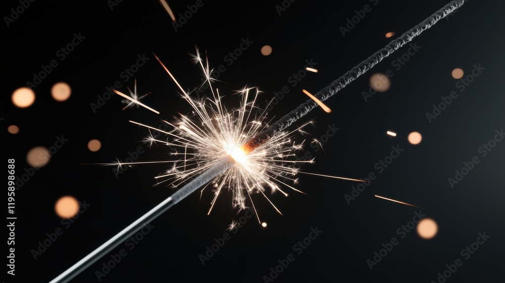 Fototapeta premium A sparkler burns brightly against a dark background, emitting shimmering sparks and creating a festive atmosphere.