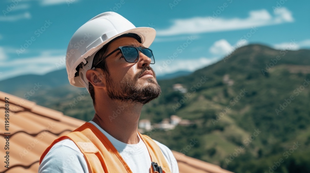 A construction worker wearing a white hardhat and orange vest gazes upwards. The background features a tiled roof and a scenic view of green hills under a blue sky.
