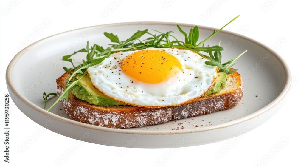 A delectable plate featuring avocado toast topped with a perfectly fried egg, garnished with fresh arugula, served on a white plate. A delectable plate featuring avocado toast topped with a perfectly fried egg, garnished with fresh arugula, served on a white plate.