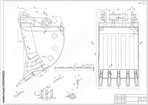 Vector bucket of earthmoving machine. 
Technical drawing of tractor part.
Engineering mechanical design of excavator tool
with dimension lines. Industrial 
cad scheme on paper sheet. 