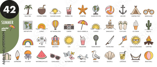 Colorful summer, vacation, holidays thin line icons set. Tent, beach, sun, map, lemonade, binoculars, camera, cactus, backpack, rainbow, fireworks, sunset, palm tree, vector illustration