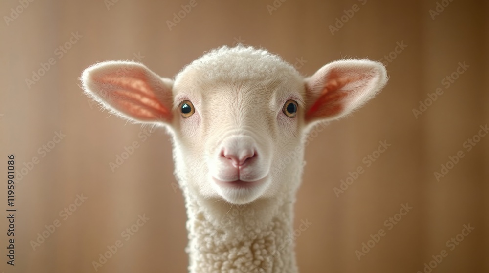 Fototapeta premium A young lamb gazes directly ahead with a calm, gentle expression. The image is highly detailed, showcasing the lamb's soft wool and delicate features.