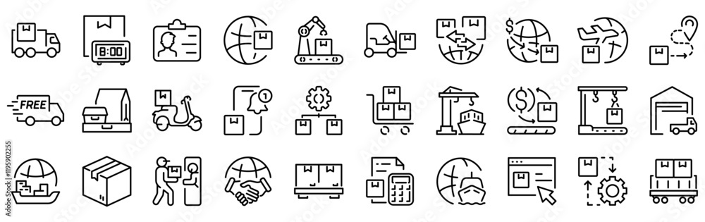Delivery line web icons. Value chain, logistic, manufacturing, commerce. Outline icon collection. Vector illustration. Editable stroke Delivery line web icons. Value chain, logistic, manufacturing, commerce. Outline icon collection. Vector illustration. Editable stroke