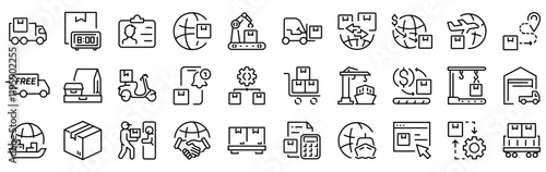 Delivery line web icons. Value chain, logistic, manufacturing, commerce. Outline icon collection. Vector illustration. Editable stroke