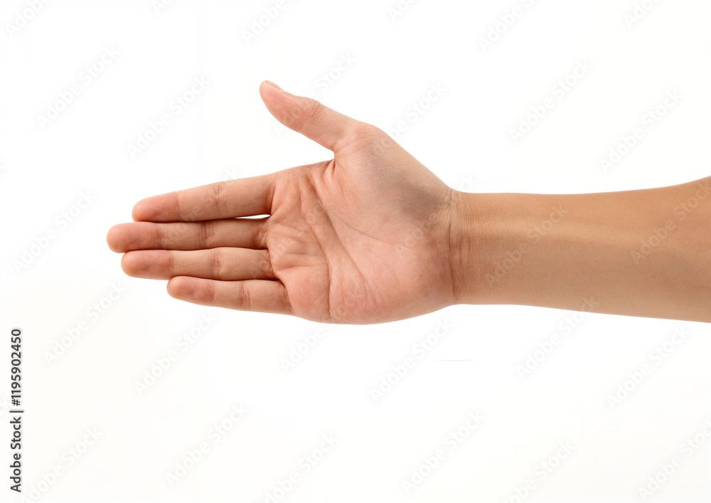 A persons open hand extends palm upward on white. A persons open hand extends palm upward on white.