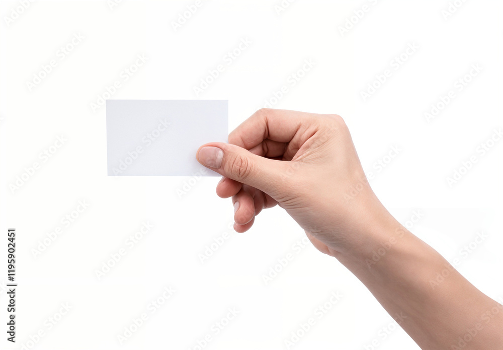 A hand holds blank rectangle card on white background. A hand holds blank rectangle card on white background.