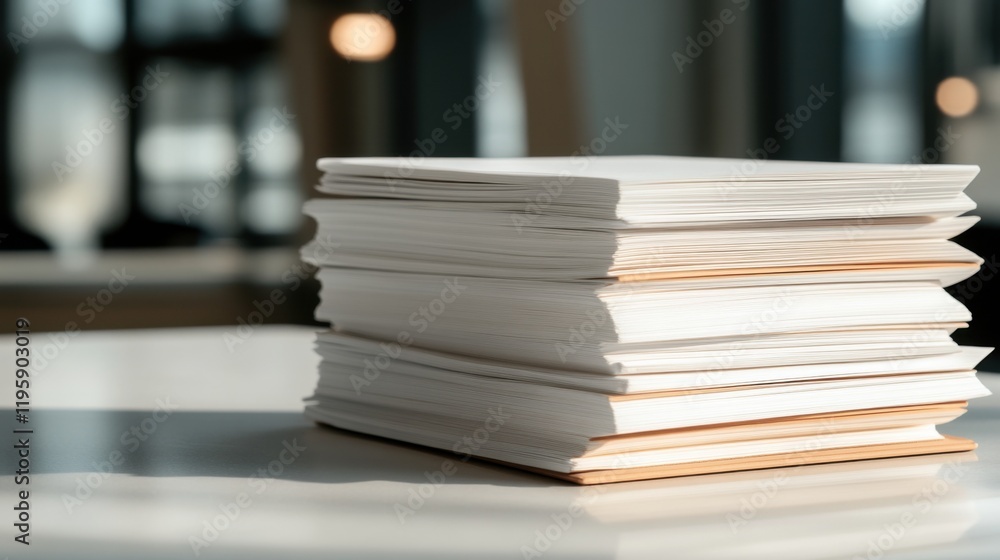 Fototapeta premium A neatly stacked pile of documents is placed on an office desk, bathed in soft daylight, suggesting a busy work environment.