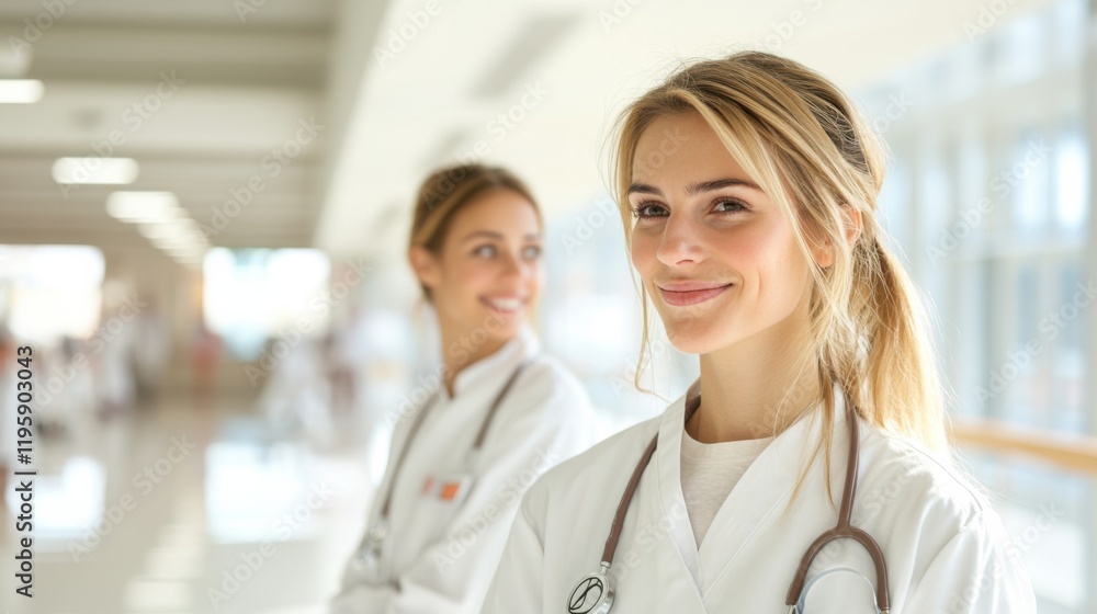 Two healthcare professionals in white coats stand in a bright, modern corridor, exuding positivity and readiness to help. Two healthcare professionals in white coats stand in a bright, modern corridor, exuding positivity and readiness to help.