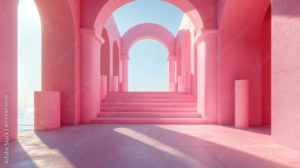 Fototapeta premium Pink Architectural Wonder: A mesmerizing abstract vista of a pink arched walkway leading towards the horizon.