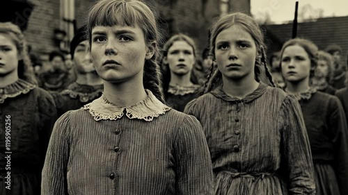 Wallpaper Mural Group of young girls in vintage clothing participating in a historical event in a small village during early 20th century Torontodigital.ca