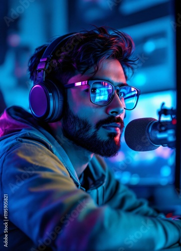 Radio host with headphones and glasses in neon blue studio. Broadcasting professional at microphone during night show. Modern media entertainment concept with ambient lighting photo