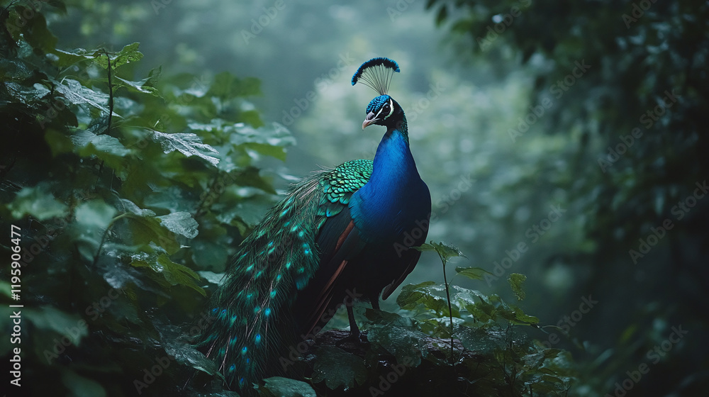 Obraz premium Beautiful blue and green peacock animal portrait photography in forest woods nature outdoors. copy space, exotic bird with beautiful feather tail, summer outside.