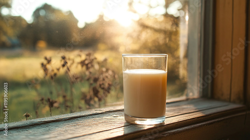 Closeup of glass of milk on wooden window, sunny countryside grass meadow field background. copy space, rural farm cow animal dairy product, organic healthy and fresh drink nutrition. photo