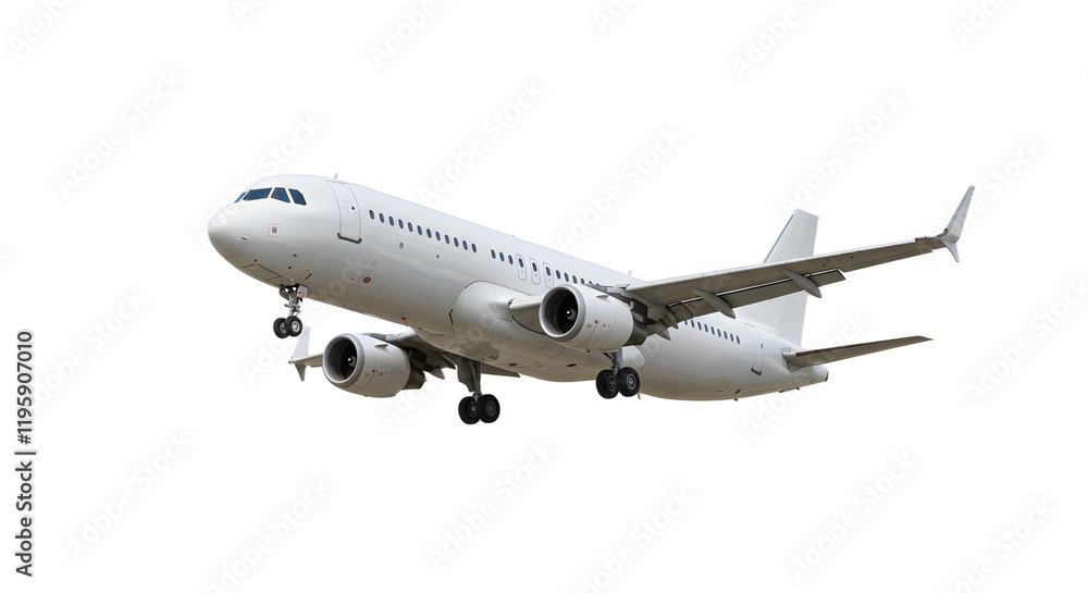 White passenger jet plane flying isolated on white background White passenger jet plane flying isolated on white background