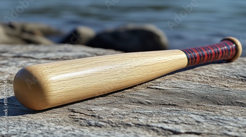 Wooden bat rests on rocks near water photo