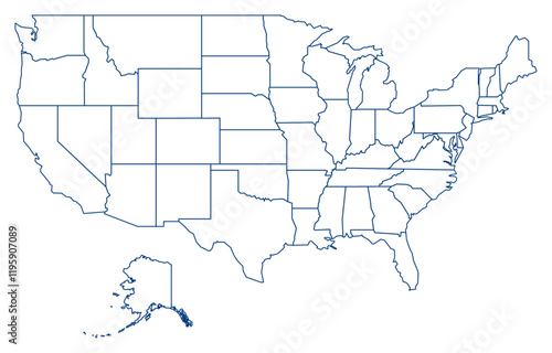 Blue Outline USA Map with District Borders American Country