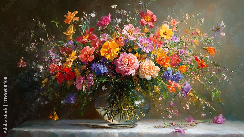 A bouquet of colorful spring flowers in a glass vase on a white table A bouquet of colorful spring flowers in a glass vase on a white table