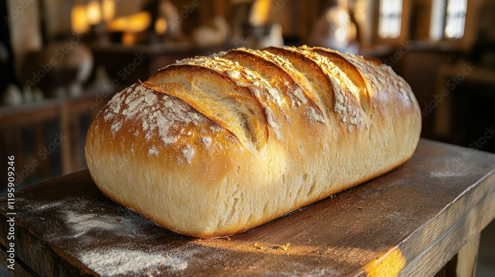 Artisan loaf, bakery, wooden table, sunlight, rustic Artisan loaf, bakery, wooden table, sunlight, rustic