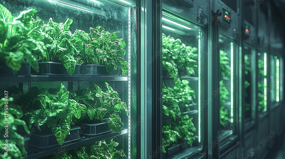 Modern indoor farming facility showcasing leafy greens in climate-controlled shelves Modern indoor farming facility showcasing leafy greens in climate-controlled shelves