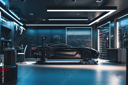 Sleek garage with futuristic lighting showcasing luxury car on d